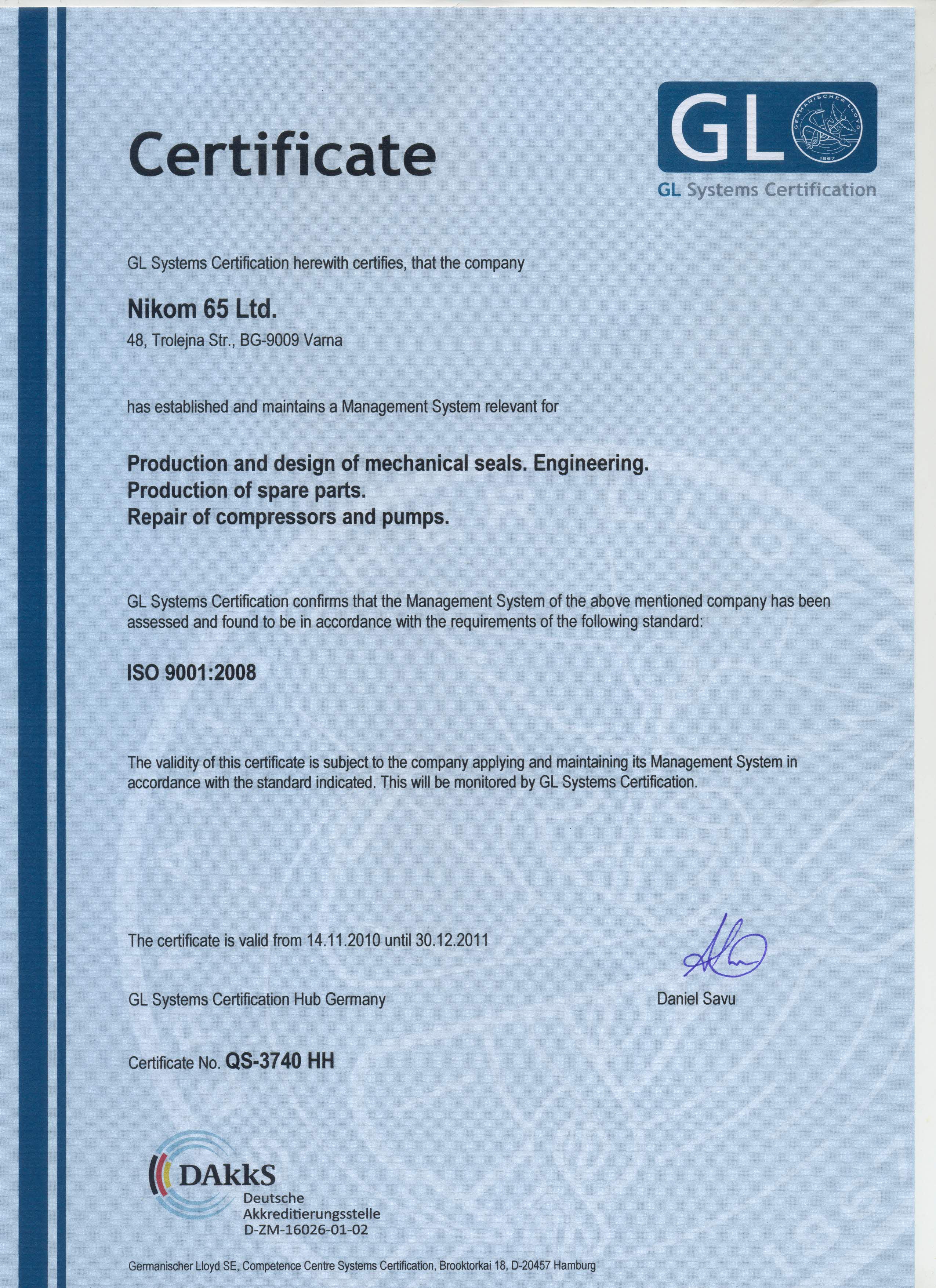 certificate ISO 9001:2008 dd 2008