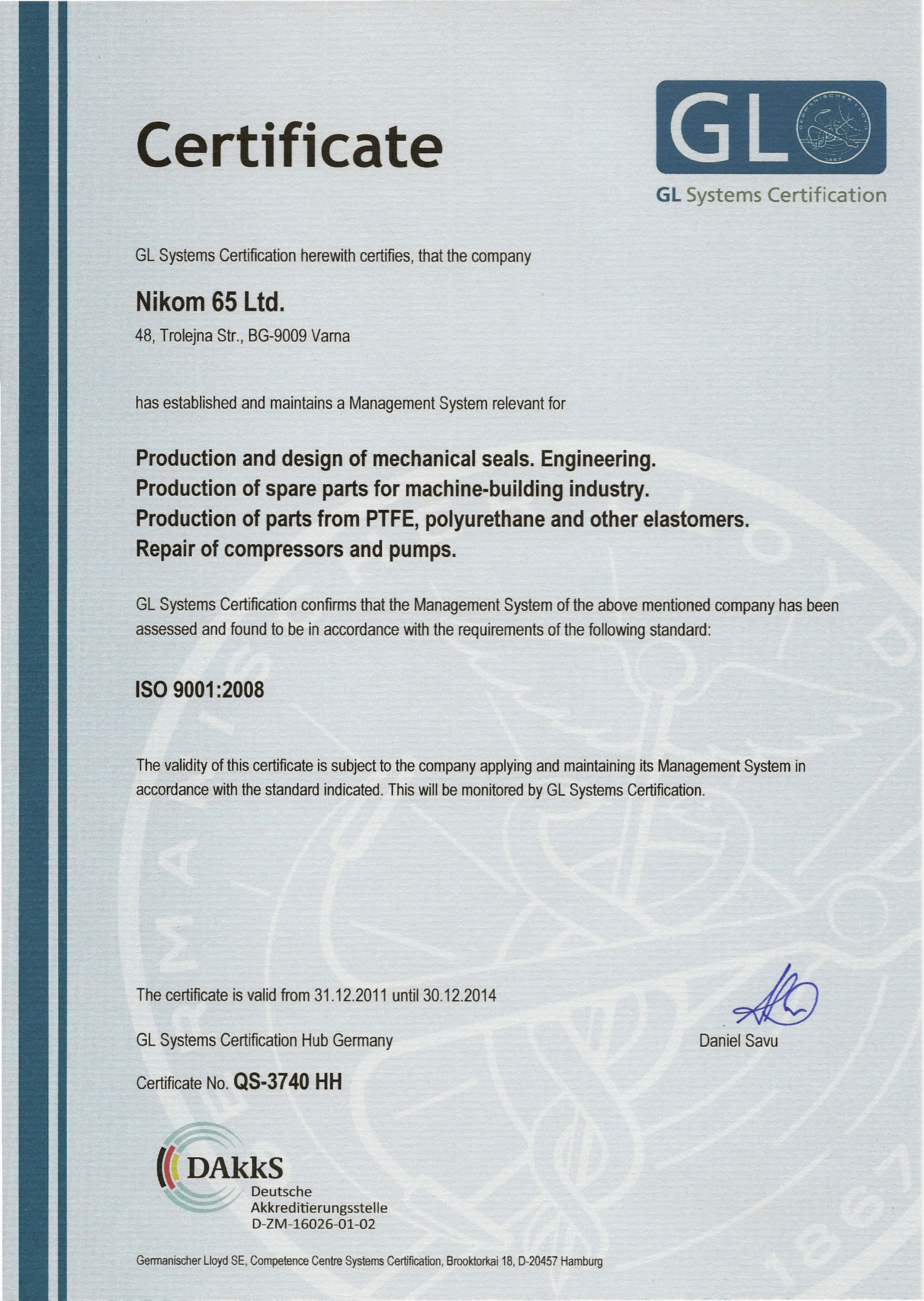 certificate ISO 9001:2008 dd 2011